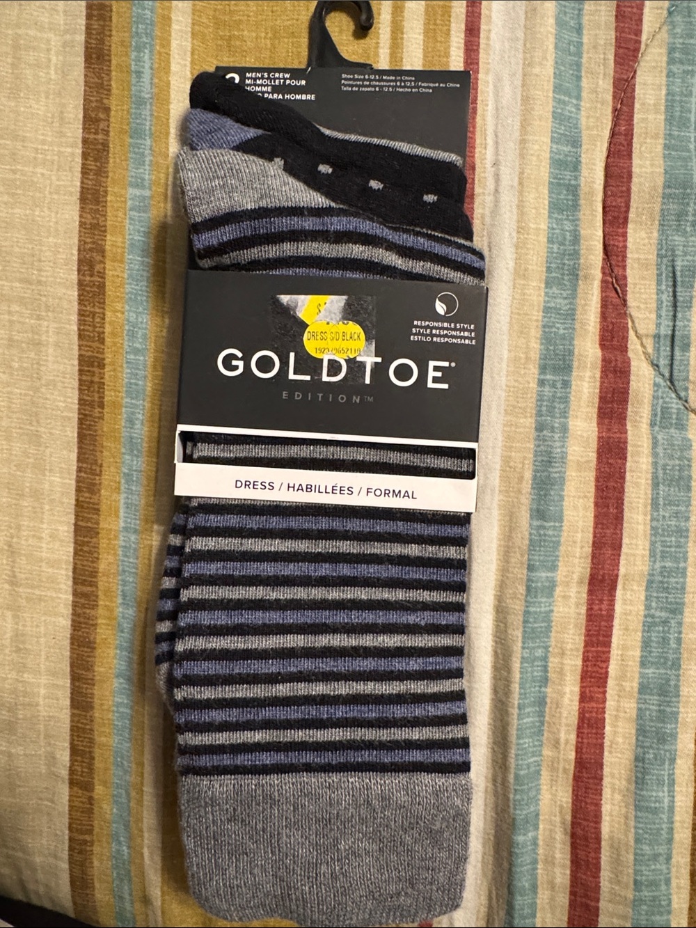 Gold Toe Men's Dress Crew Socks - Gray, Navy & Black Striped
